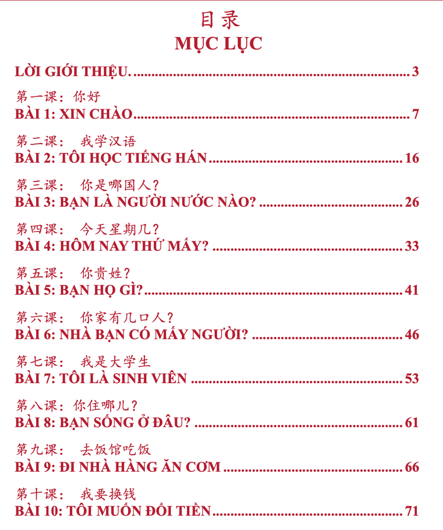 MỤC LỤC GIÁO TRÌNH HÁN NGỮ 1+2